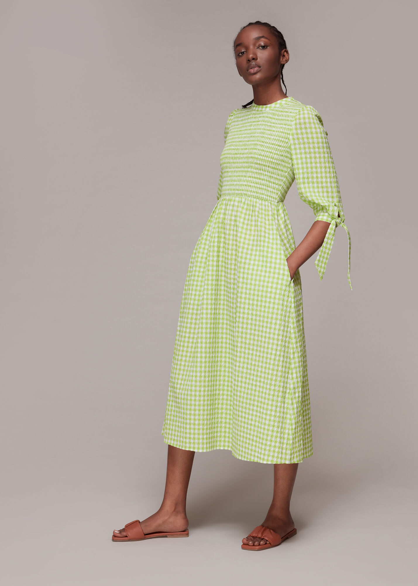 Multicolour Gingham Check Shirred Dress ...